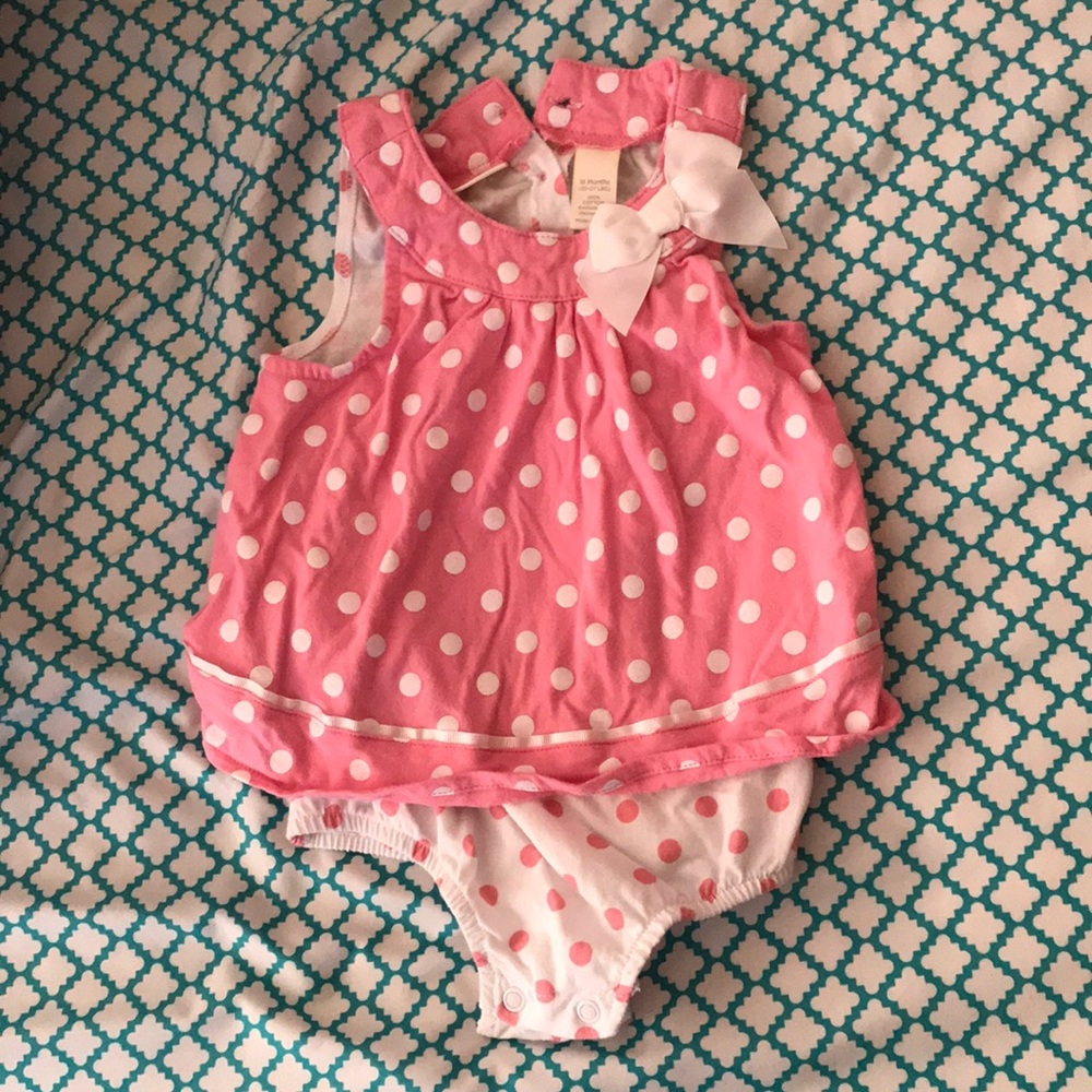 First impressions pink and white polka dot romper